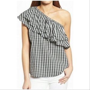 Halogen Black & white Gingham One Shoulder Top NWT